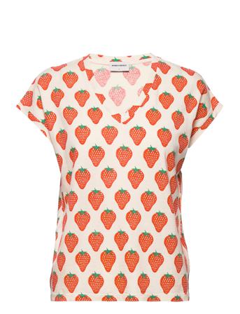 Strawberry All Over V-Neck Loose T-Shirt Patterned Bobo Choses