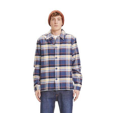 Knowledge Cotton Apparel Men's Pine Big Checked Heavy Flannel Overshirt Men long-sleeved shirts Blue S