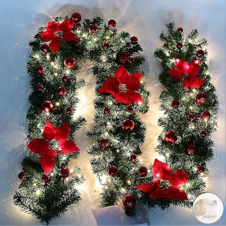Girlangdekoration av gran, julgirlang med kulor, blomsterkrans med LED-ljus för ytterdörr 270 cm (röd)