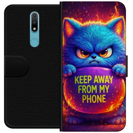 Yhteensopiva Lompakkokotelo Nokia Nokia 2.4 Vihainen pörröinen sininen kissa, jossa teksti "Pidä loitolla puhelimestani" neonväreillä ja tulimais