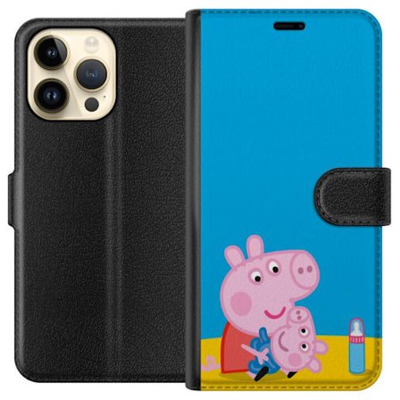 Yhteensopiva Lompakkokotelo Apple iPhone 14 Pro Max Peppa Pig haltijan teema kruunulla ja taikasauvalla vaaleanpunaisella taustalla, söpö lasten kuvit