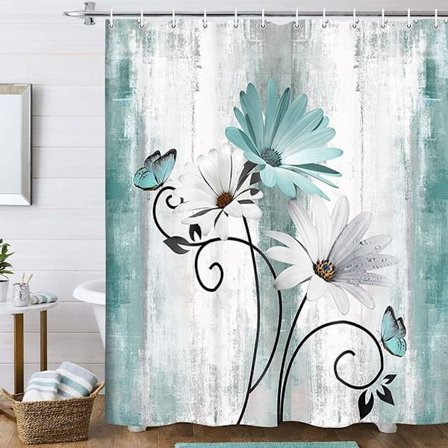 Rustic Farmhouse Shower Curtain, Flowers and Butterfly 180x180cm