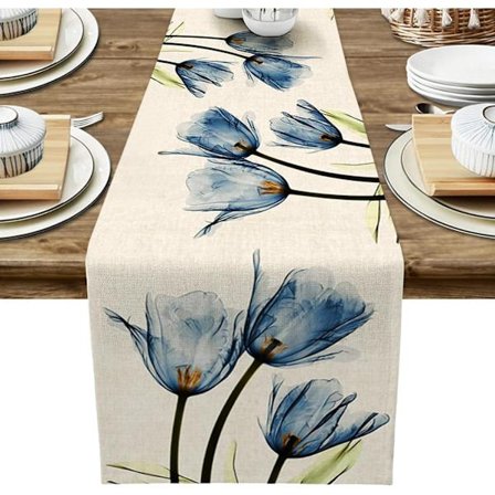 Blå tulpan bordslöpare, blommig bordslöpare, sommartryck blommig bordslöpare dekoration