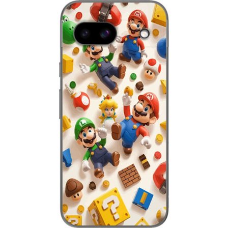 Kompatibelt Mobilskal till Google Google Pixel 8a Färgglad spelillustration med Mario, Luigi, Peach och klassiska spelobjekt, nostalgisk gaming käns