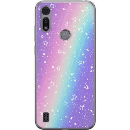 Kompatibel Mobilcover til Motorola Moto E6i Rainbow-farvet pastelbaggrund med hvide stjerner og glitrende prikker i blød overgang