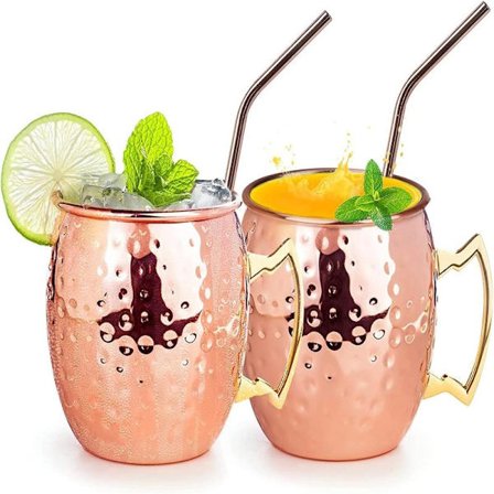 Moscow Mule krus kobber Krus cocktailkrus, cocktailglas perfekt til gin, vodka, øl og kolde drikke, 2 x kobberkrus & 2 x sugerør/60ML