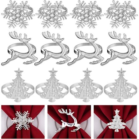 12 stk juleserviettringer, juletre serviettringer, elg serviettringer, snøfnugg serviettholdere for vinterferie{REN}