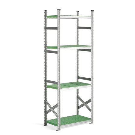 Hyllställ, grundsektion med gröna plasthyllplan, 2500x975x500 mm