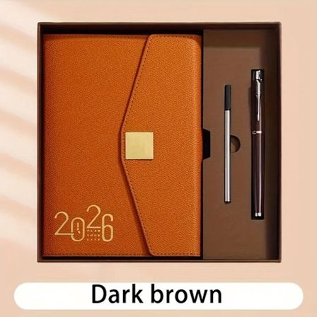 2026 A5 Kalender - Ugentlige & Månedlige Planer - Engelsk Udgave - 12-Måneders Kalender - Notesbog med Pen + Refill - Luksuriøs Brun Gaveæske - 