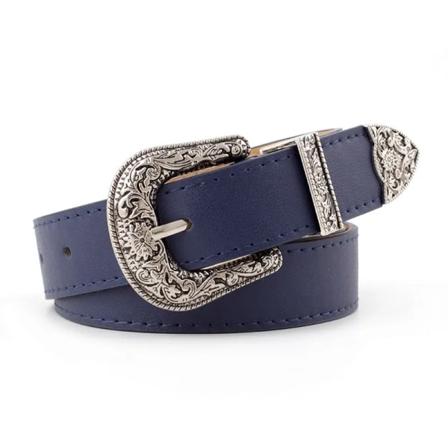 Retro nål, spänne för kvinnor, vintage snidat PU-läder Gotiskt Casual Fashion All-Match bältesklänning Midjeband Lyxigt märke Deep Blue 110cm
