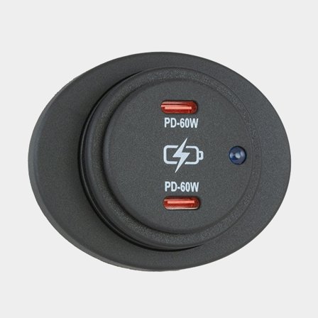 Gniazdo USB Sutars, natynkowe, czarne, owalne, 12 / V 24 V, 60 W, 2.1 A, USB-C + USB-C, z pokrywą - Jachtowa