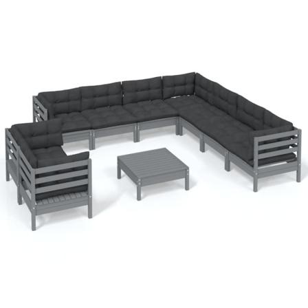 Vidaxl Loungegrupp Med Dynor 10 Delar Grå Massiv Furu Grå