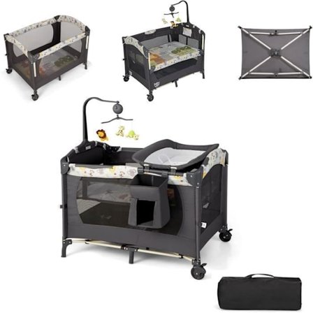 COSTWAY Foldebar paraplyseng med madras 4 på 1-0-36 måneder-Legecenter-Pussebord-Musikboks-Justerbare stænger-Grå