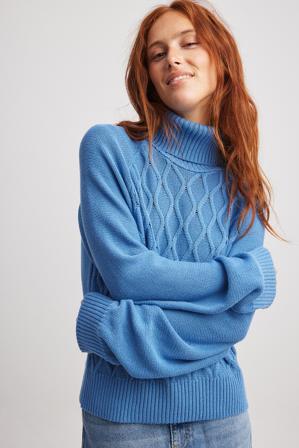 NA-KD Pull col roulé en maille torsadée - Tricot épais - Bleu - Small