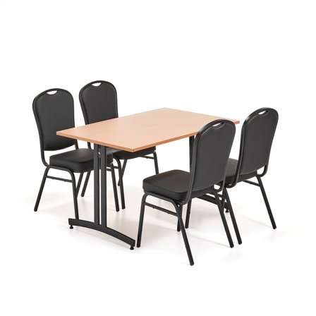 Möbelgrupp, 1 bord 1200x800 mm, bok, 4 stolar, svart/svart konstläder