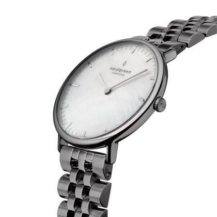 Nordgreen Scandinavian slim minimalist women's watch - Gun Metal Case - Silver Dial - 28mm Silver Link Watch Band Native White Dial