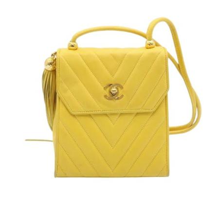 Chanel Vintage Pre-owned Leather Crossbody Tas , Geel , Dames , Maat: ONE Size Vintage Tassen