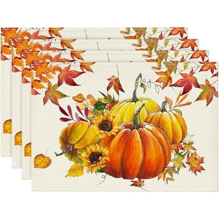 30 x 45 cm Set med 4 bordsunderlägg pumpa lönnlöv solrosor höst tvättbar köksfestdekoration