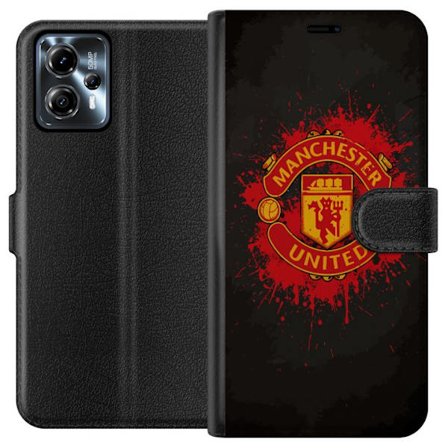 Kompatibelt Lommeboketui til Motorola Motorola Moto G13 Manchester United logo i rød og gul farge med røff sportslig bakgrunn