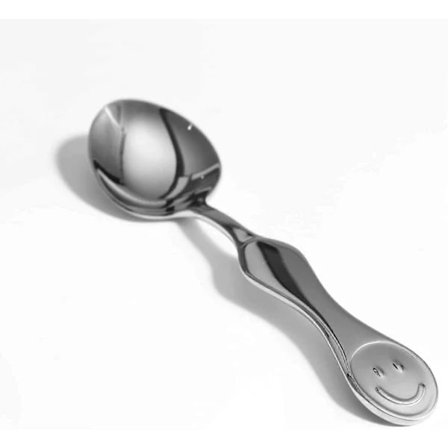 Ske i rustfrit stål med smilende ansigt og rund kant (1 sølvfarvet ske med smilende ansigt)