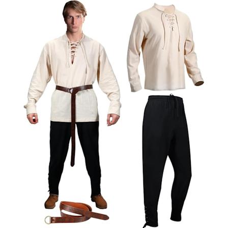 INIOR 3 kpl miesten keskiaikainen renessanspuku viikinki pitkähihaiset paidat viikinkihousut keskiaikainen vyö merirosvo cosplaylle, X