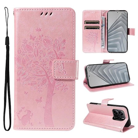 Kompatibelt för Xiaomi Redmi Note 14 4G Läder Telefonfodral Katt Träd Mönster Design Plånboksfodral Ställ