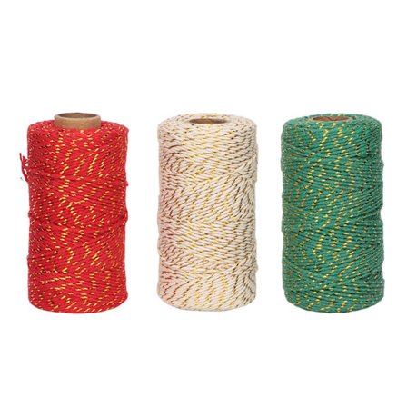 3 Ruller Julegarn 2mm Diameter Hver 100m Lengde Klippbar Lett Gavegarnstreng for DIY Emballasje