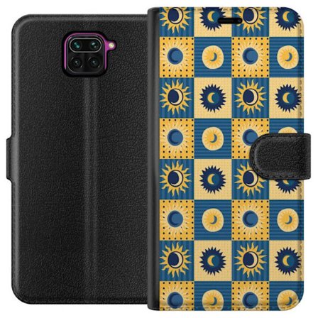 Yhteensopiva Lompakkokotelo Xiaomi Redmi Note 9 Symmetrinen ruudukkokuviointi, jossa keltainen ja sininen aurinko ja kuu retrotyyliin