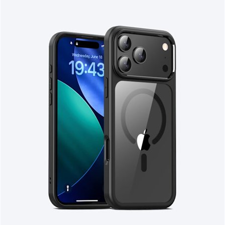 iPhone 17 Pro transparent telefondeksel, fullt dekkende telefondeksel, transparent (svart) med magnetisk feste