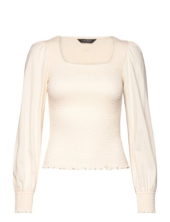 Lauren Ralph Lauren Smocked Jersey Blouson-Sleeve Top - Cream - XL