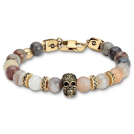 Rico | Pulsera de calavera de acero inoxidable dorado y ágata de Botswana para hombres - Pulseras de acero