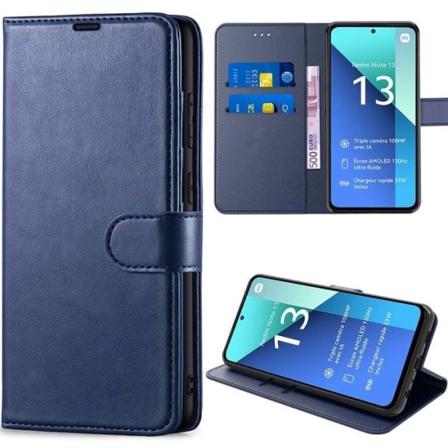 Etui til Xiaomi Redmi Note 13 4G (ikke til 5G), stødsikkert PU-læderetui med kortpladser og justerbart stativ - Marineblå
