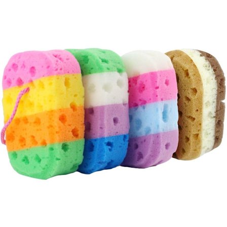 Pakke med 4 badesvampe, skrubbesvampe, badeprodukter, kropssvampe, bløde brusebadesvampe, badeværelsestilbehør