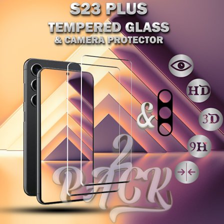 2-Pack SAMSUNG S23 PLUS Skærmbeskyttelse & 1-Pack linsebeskyttelse - Hærdet Glas 9H - Super kvalitet 3D