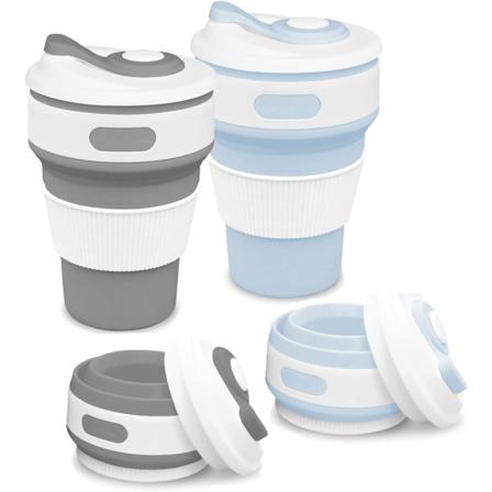 Sammenklappelig Silikon Rejsemug (Grå + Blå), 2 stk Sammenklappelige Co