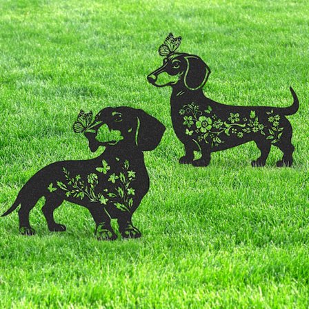 Blommig trädgårdsdekoration i metall med fjäril - Set med 2 trädgårdsdekorationer med hundsilhuett {AZC}