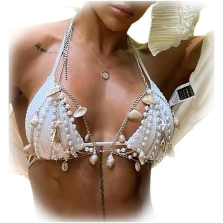 Hvid Perle Muslingekvast BH Kæde, Sommer Strand Konkylie Musling Vedhæng Kropskæde Bikini Perle Perler Brystkæde Smykker til Kvinder