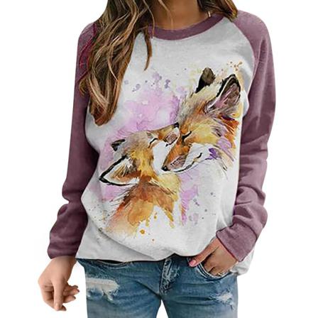Damer Med Djurtryck Print T-shirt Baggy Långärmad Tröja