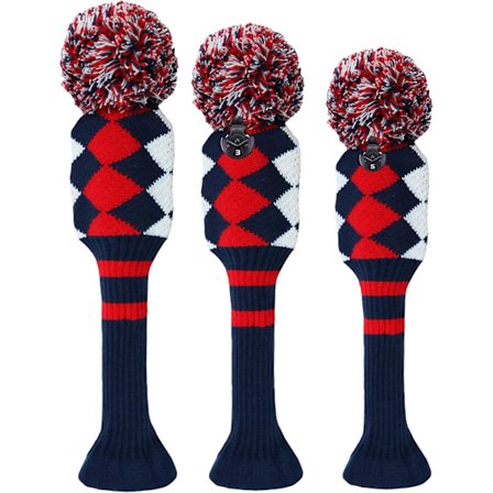 3 Pakke Pom Golf Head Covers for Woods 1 3 5 Driver Fairway Hybrider, med Nummer Tag, Strikkede Golf Head Covers, Rød 135