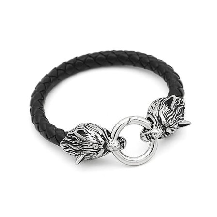 Klassiskt Vintage 316l Rostfritt Stål Dubbel Varg Huvud Armband Mode Viking Herr Läderarmband Nordisk Amulett Smycken Gåva (FMY)