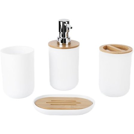 4 delar badrumsset, badrumstillbehör av plast och bambu, tandborsthållare, ädelt badrum, dekoration, måste, ha för lägenhet (vit)