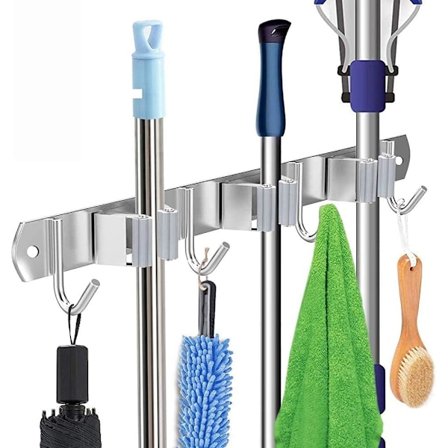 Vægmonteret kosteholder, rustfrit stål vægmonteret kosteskab monteret opbevaringsmoppeorganisator kraftig værktøjshænger med 3 clips og 4 kroge til