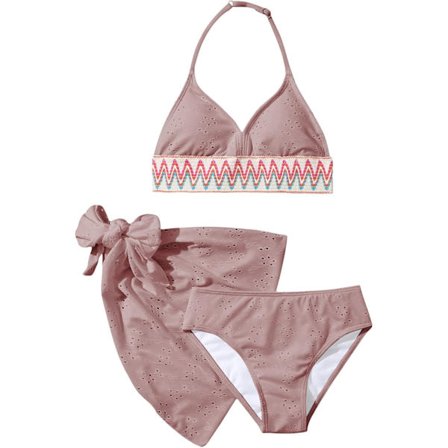 dusa Piger 3-delt Halter Bikini Sæt Badedragt med Cover Up Nederdel Dusty Pink 12 år