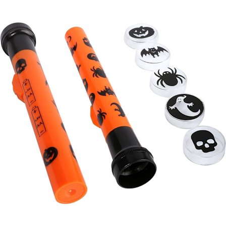 HALLOWEEN PROJEKTOR LYGTE, PAKKE MED 2 LYGTER DEKORERET MED HALLOWEEN SYMBOLER + 5 UHHYGGELIGE FIGURHÆTTER - SJOV HALLOWEEN FESTREKVISIT