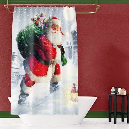Dusjforheng med Julenissen Julebaderomsdekor Dusjforheng Stoff Badeforheng 150 cm B x 180 cm H - Julenissen sender gaver