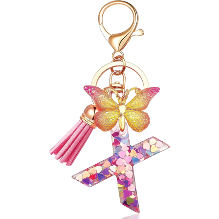 Initialbogstav Nøgleringe Til Kvinder Tassel Butterfly Pink Purple Sød Bil Nøglering Til Tegnebog Punge Rygsæk A-Z