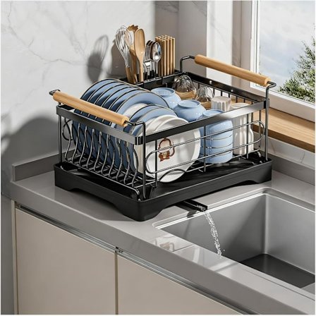 Opvaskestativ i sort rustfrit stål med træhåndtag - Kompakt enkeltlags tørrestativ til skåle, kopper, tallerkener og redskaber, stor størrelse