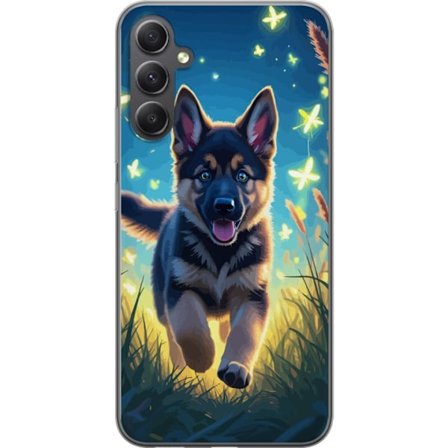 Kompatibelt Mobilskal till Samsung Samsung Galaxy A35 Tysk schäfer valp affisch valp hund hoppar äng fjärilar söt hund illustration blå nattkonst
