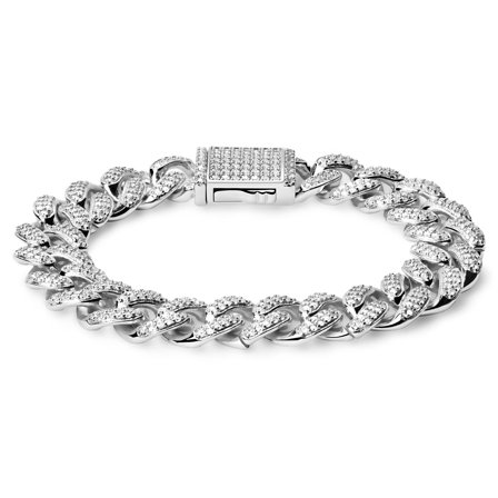 Nicos | Bracelet à maille cubaine en métal argenté serti de zircones - 12 mm pour hommes - Bracelets chaînes