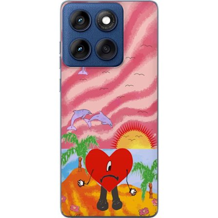 Kompatibel Mobilcover til Motorola Edge 60 Bad Bunny i en farverig quiltet jakke med hjertemønster og solbriller i moderne gade stil